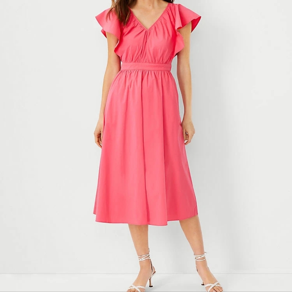 Ann Taylor Rich Carmine Pink Flutter Sleeve Flare Midi Dress Size 6